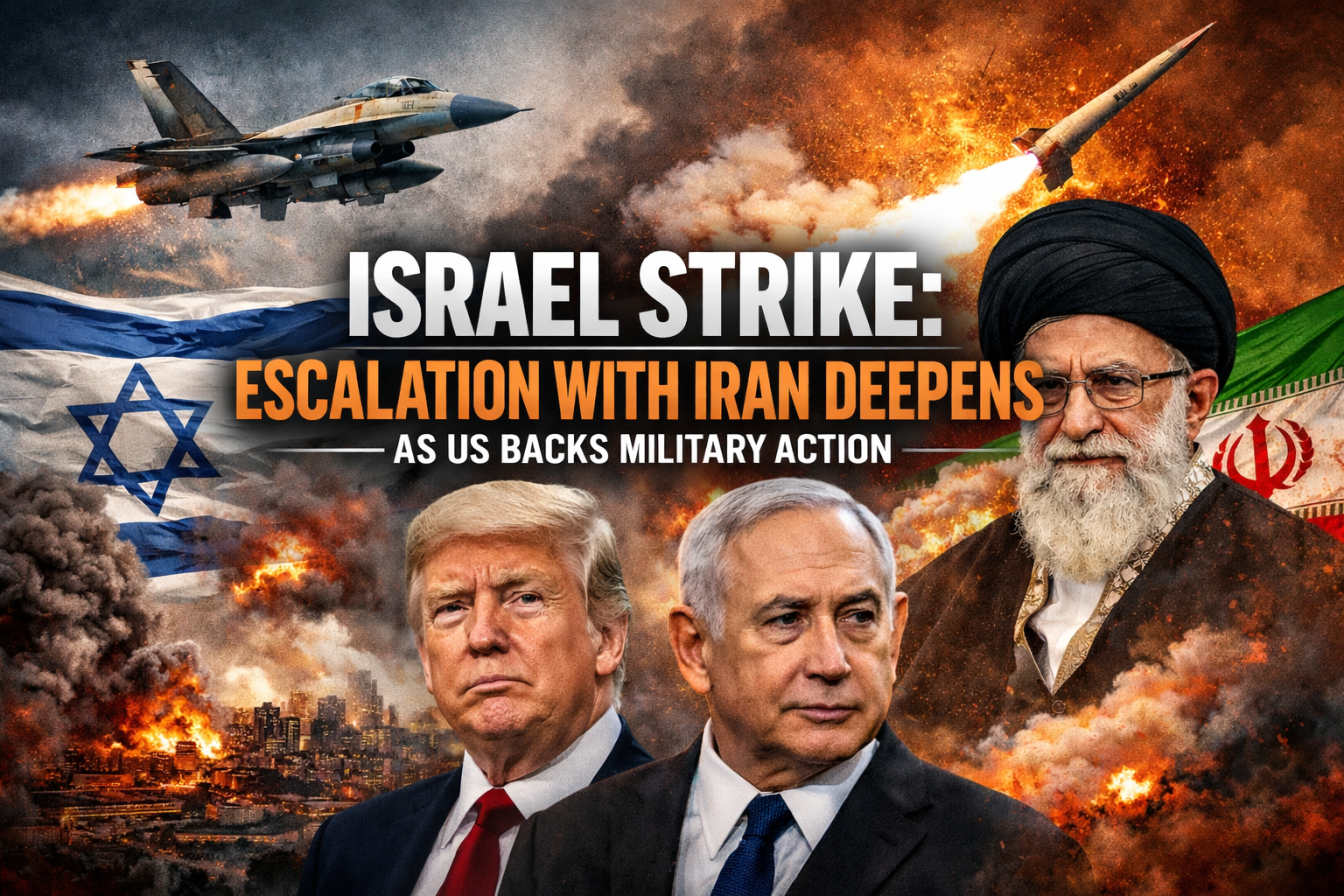 Composite news graphic showing Israel Iran conflict, Israeli fighter jet and missile launch, images of Donald Trump, Benjamin Netanyahu and Ayatollah Ali Khamenei, with headline Israel Strike Escalation With Iran Deepens As US Backs Military Action.