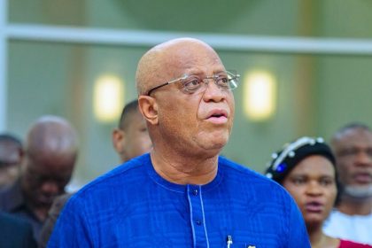 Akwa Ibom Governor Umo Eno speaks at the Government House monthly prayer service in Uyo