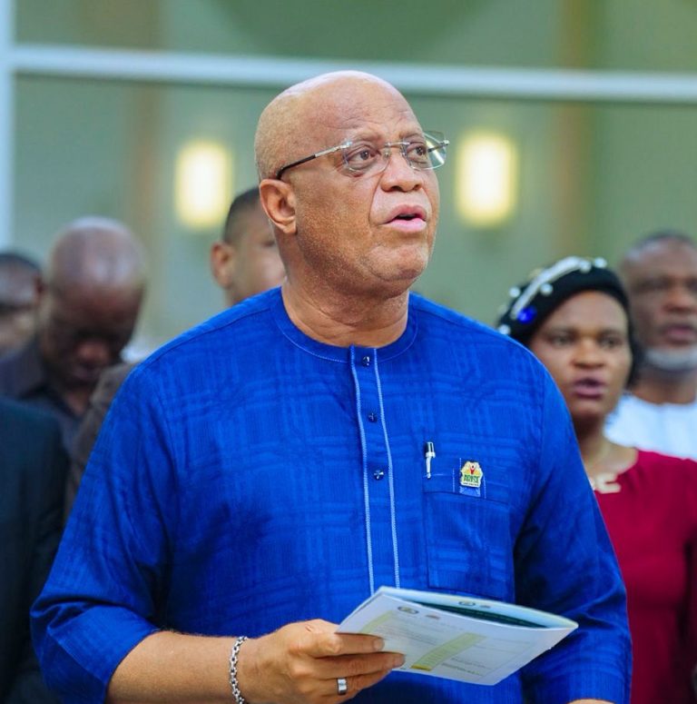 Akwa Ibom Governor Umo Eno speaks at the Government House monthly prayer service in Uyo