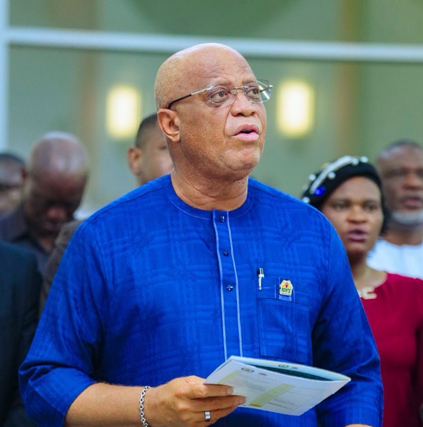 Akwa Ibom Governor Umo Eno speaks at the Government House monthly prayer service in Uyo