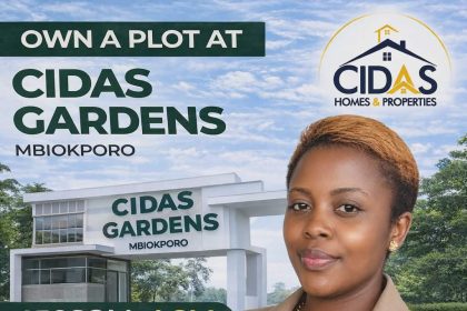 Promotional flyer for Cidas Gardens Estate showing verified land offer, strategic location and flexible payment plan