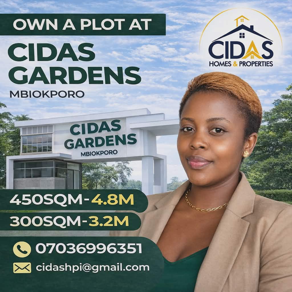 Promotional flyer for Cidas Gardens Estate showing verified land offer, strategic location and flexible payment plan