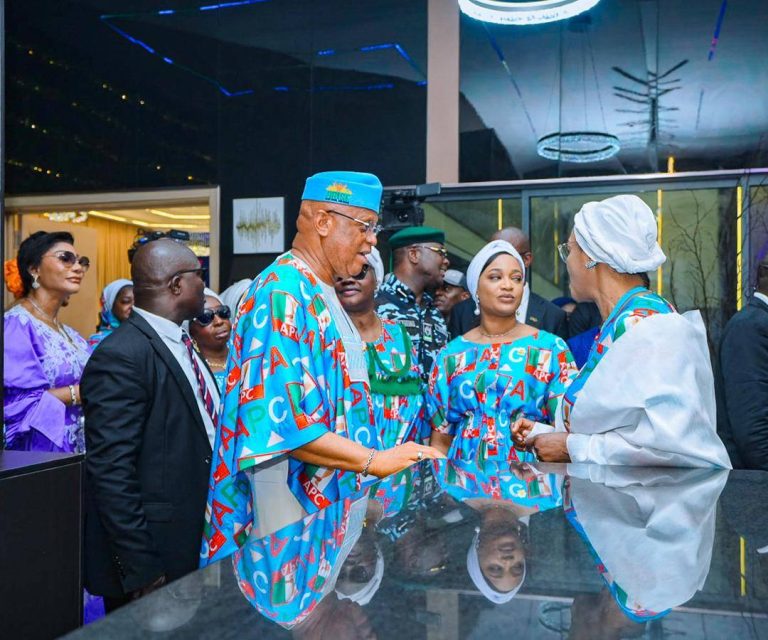 Oluremi Tinubu and Governor Umo Eno at the inauguration of the Senior Citizens Centre in Uyo, Akwa Ibom State, Nigeria