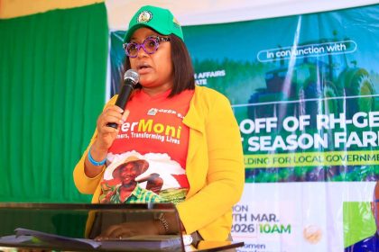 Commissioner Emem Ibanga at the launch of RH GEEP 3.0 FarmerMoni for farmers and local officers in Uyo, Akwa Ibom State, Nigeria