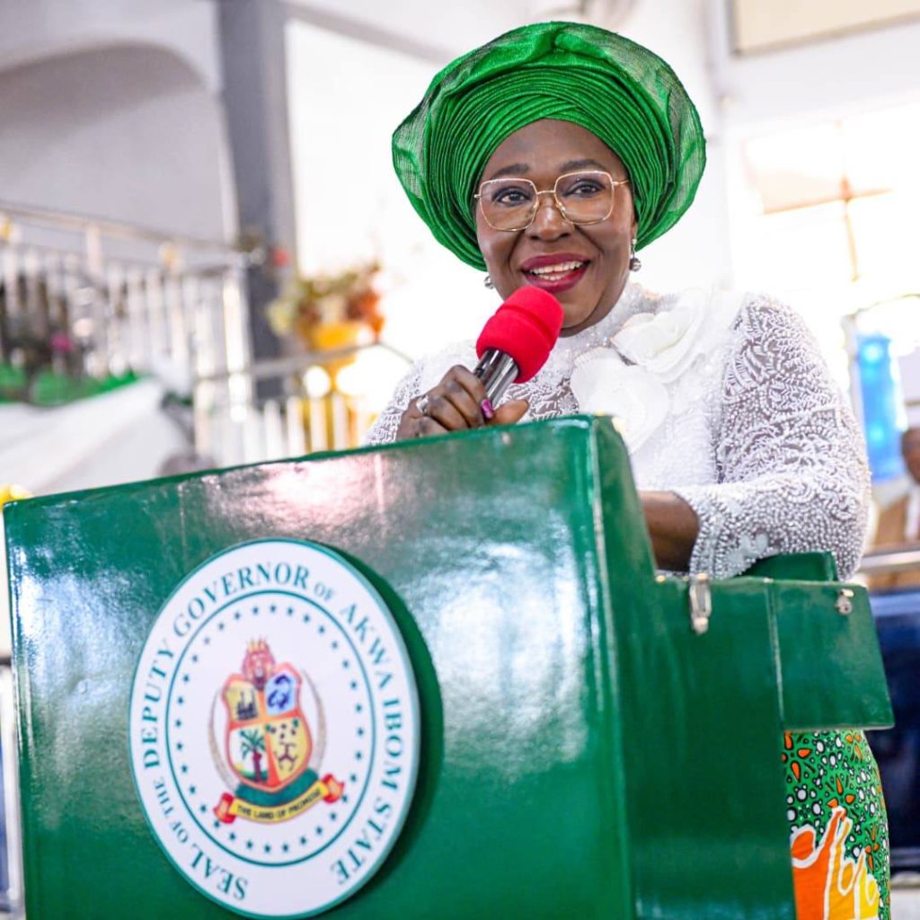 Senator Akon Eyakenyi addressing the congregation during a thanksgiving service on women’s political inclusion in Akwa Ibom, Nigeria