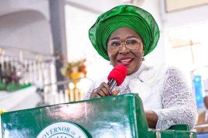 Senator Akon Eyakenyi addressing the congregation during a thanksgiving service on women’s political inclusion in Akwa Ibom, Nigeria