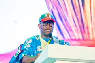 Senate President Godswill Akpabio speaking in support of President Bola Tinubu at the 2026 APC National Convention in Abuja