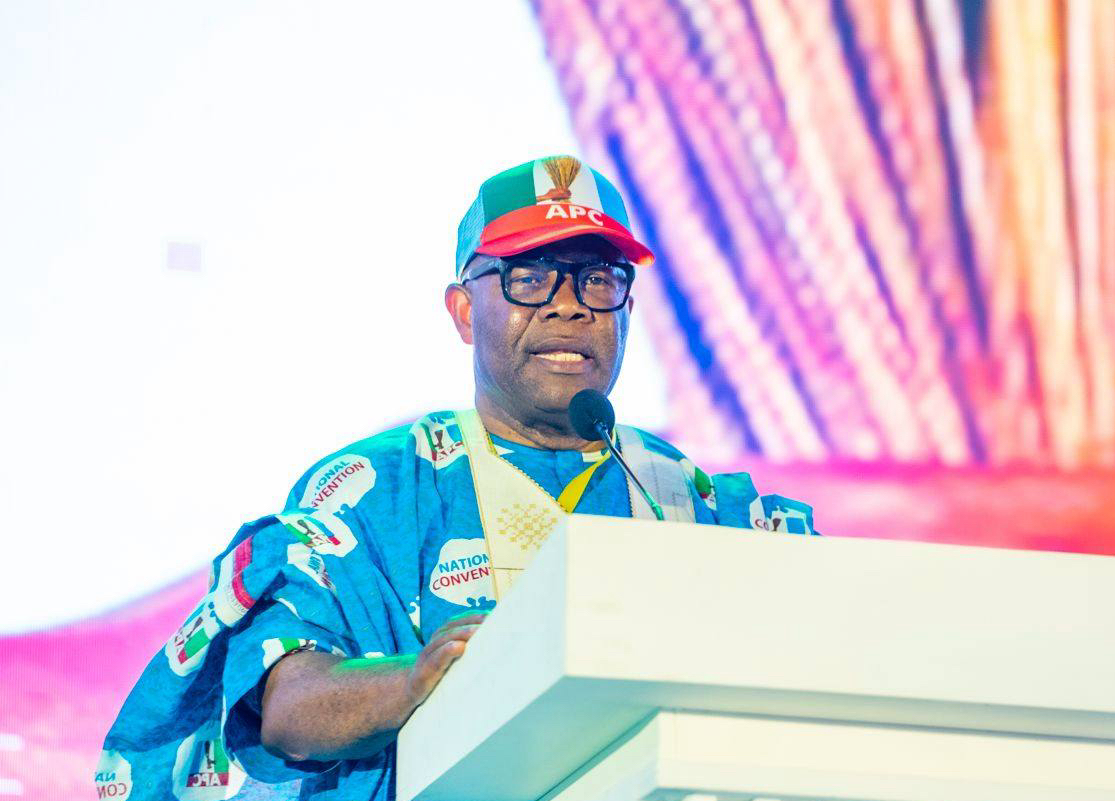 Senate President Godswill Akpabio speaking in support of President Bola Tinubu at the 2026 APC National Convention in Abuja