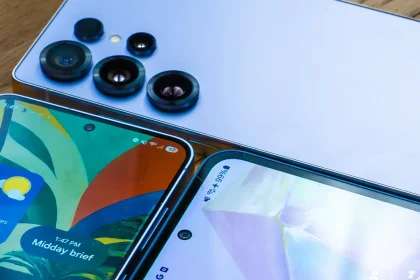 A Samsung Galaxy smartphone shown alongside an iPhone to illustrate cross-platform file sharing