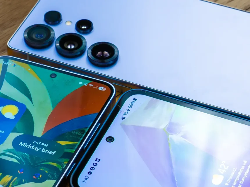 A Samsung Galaxy smartphone shown alongside an iPhone to illustrate cross-platform file sharing