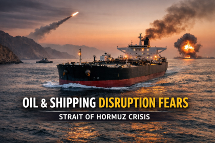 Oil tanker sailing through the Strait of Hormuz as Middle East tensions raise fears over global oil supply and shipping disruption