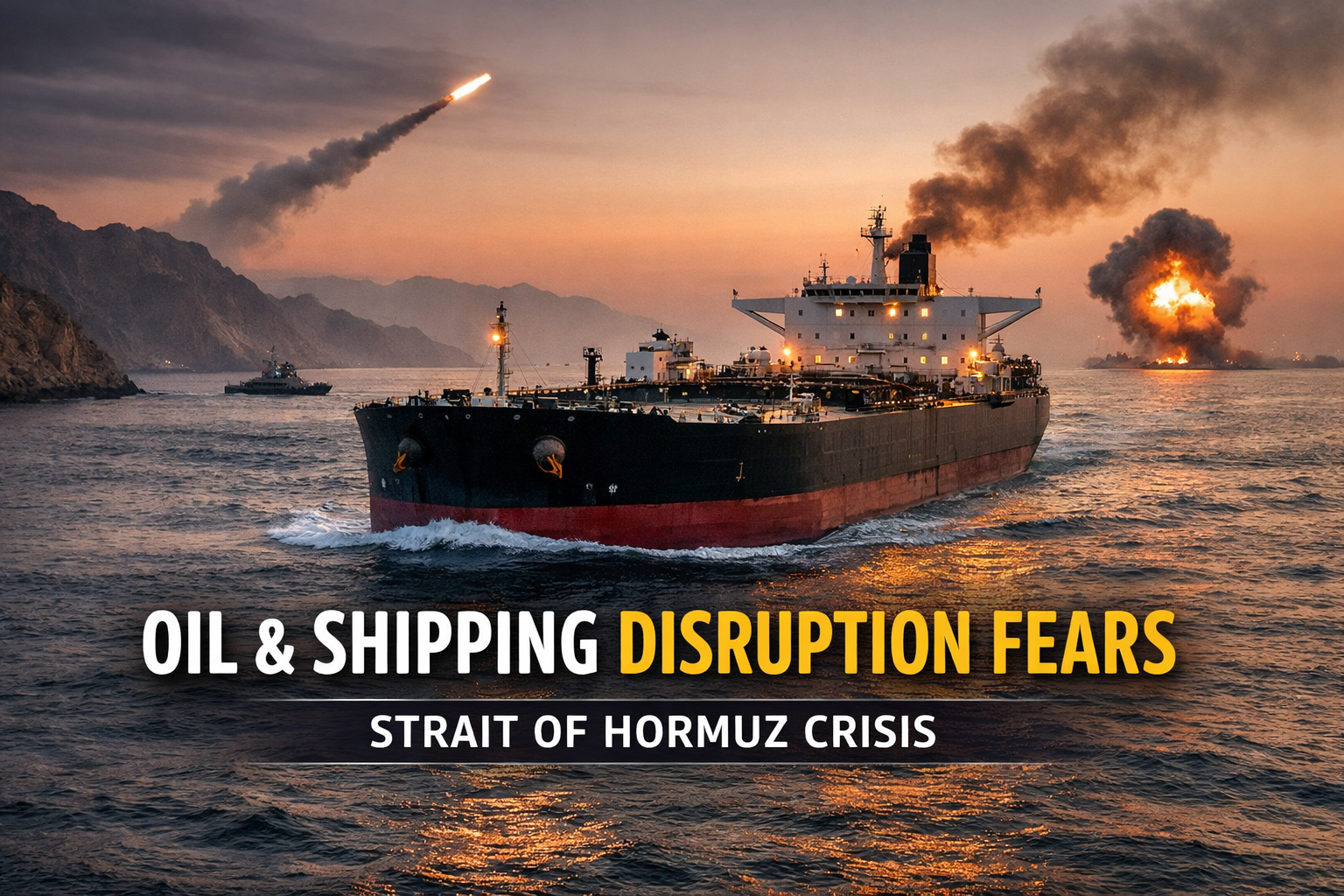 Oil tanker sailing through the Strait of Hormuz as Middle East tensions raise fears over global oil supply and shipping disruption