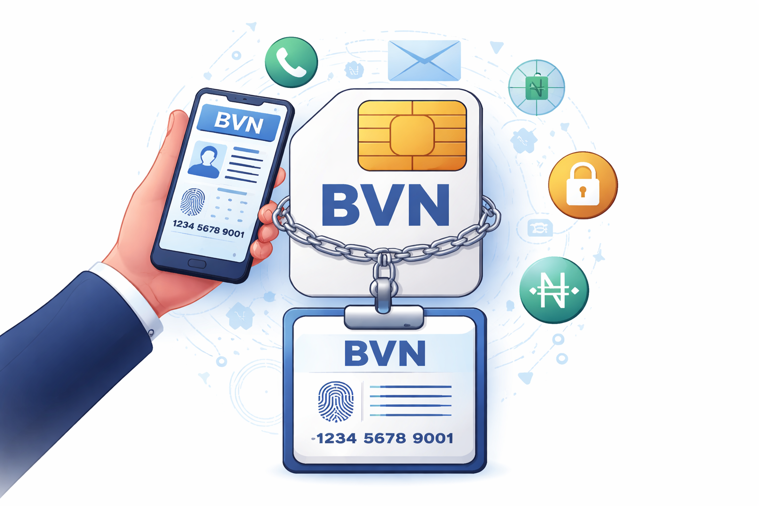 Illustration showing a BVN linked to a SIM card on a smartphone and ID interface