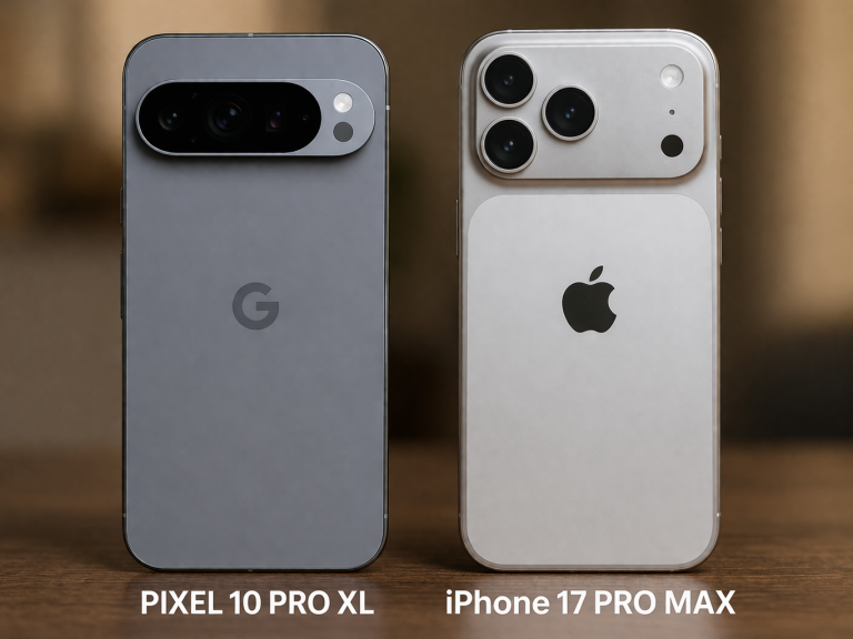 Google Pixel 10 Pro XL and iPhone 17 Pro Max side by side in a smartphone camera comparison
