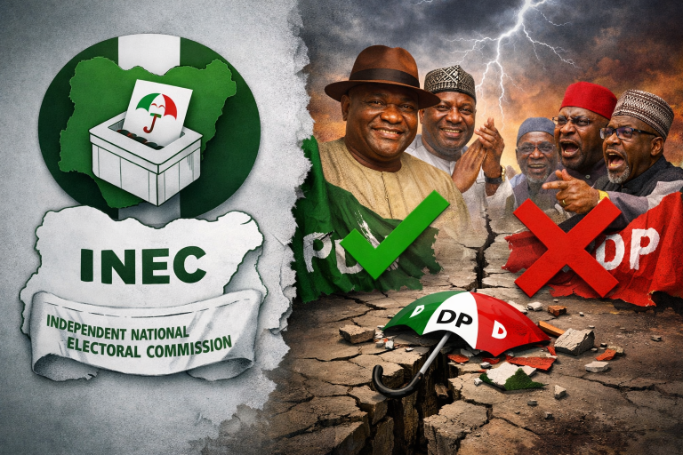INEC logo and PDP leadership crisis illustration after recognition of Wike-backed faction