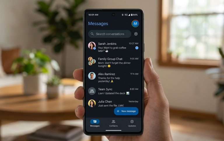 Android phone showing Google Messages live location, RCS encryption and spam protection features in Nigeria.
