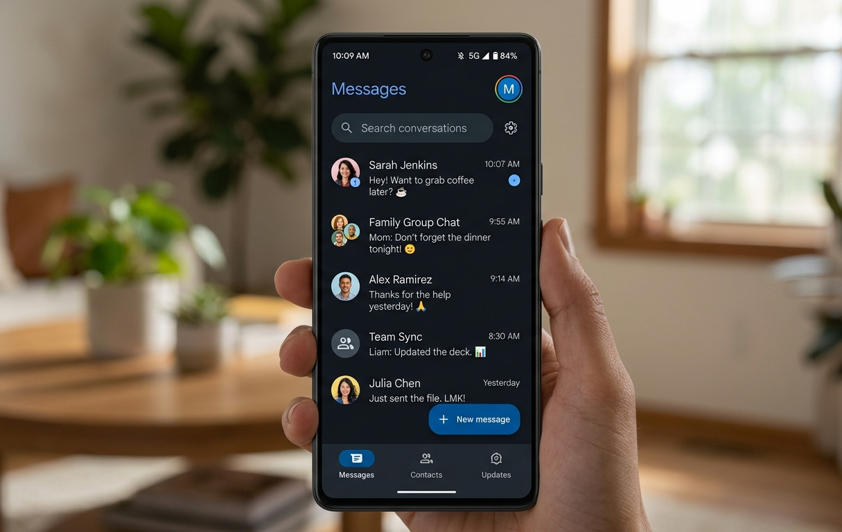 Android phone showing Google Messages live location, RCS encryption and spam protection features in Nigeria.