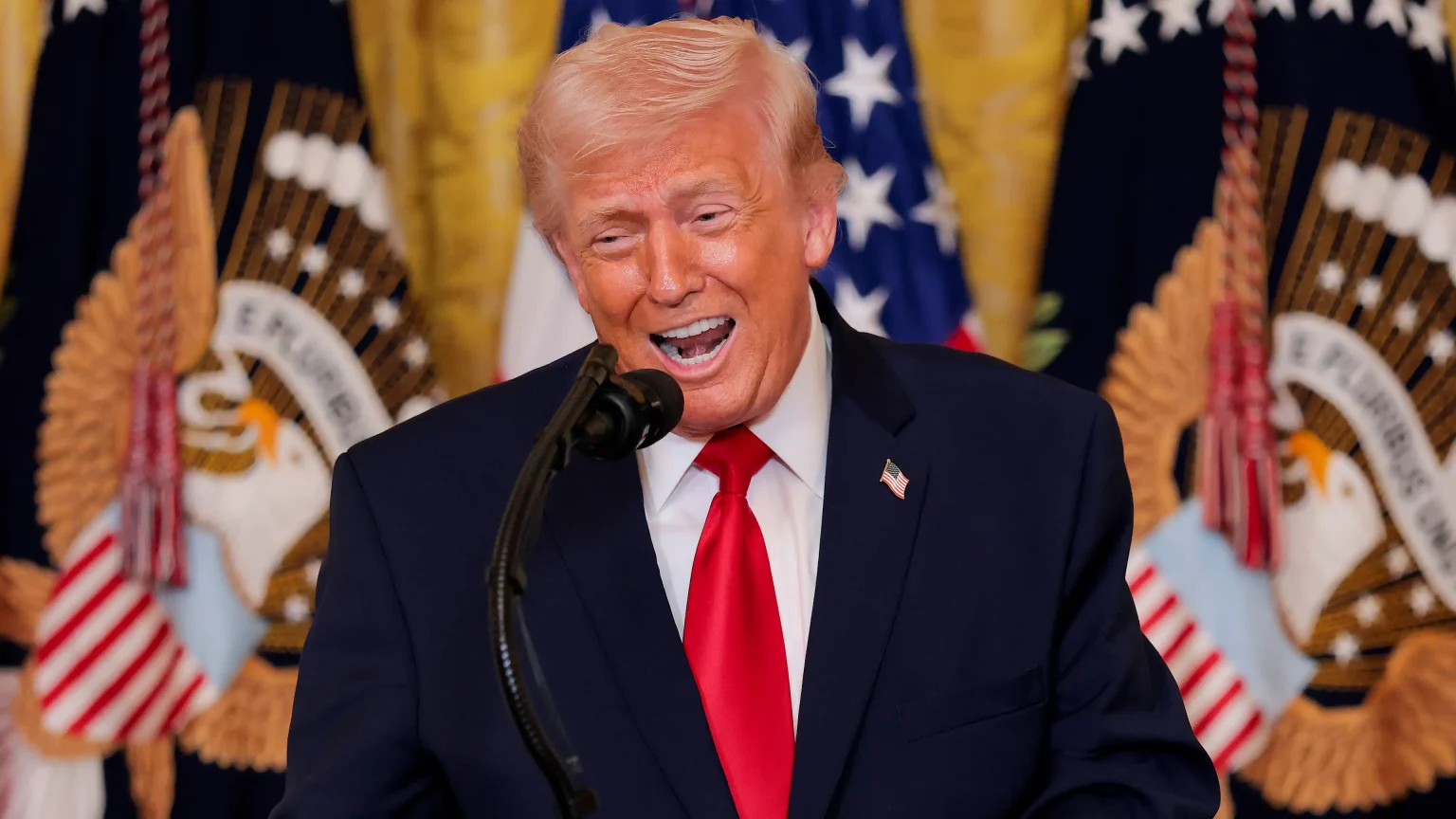 US President Donald Trump speaks as tensions rise over the Strait of Hormuz and global shipping security