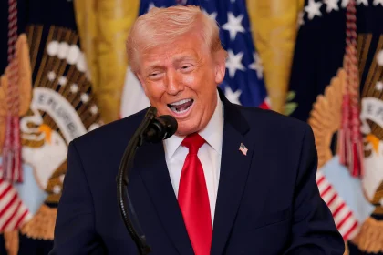 US President Donald Trump speaks as tensions rise over the Strait of Hormuz and global shipping security