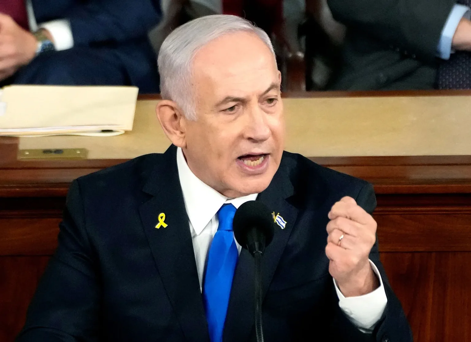 Israeli Prime Minister Benjamin Netanyahu delivering a public address on Israel’s military offensive against Iran and regional security threats
