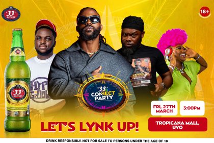 33 Export Lager promotional artwork for the Connect Party in Uyo featuring refreshed bottle branding and event details