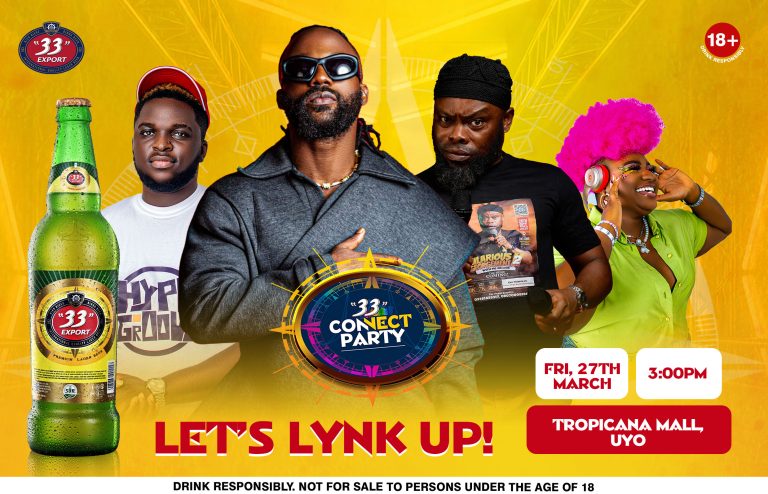 33 Export Lager promotional artwork for the Connect Party in Uyo featuring refreshed bottle branding and event details