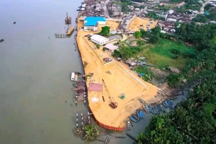 Construction and shoreline works at the Oron maritime infrastructure project in Akwa Ibom State.