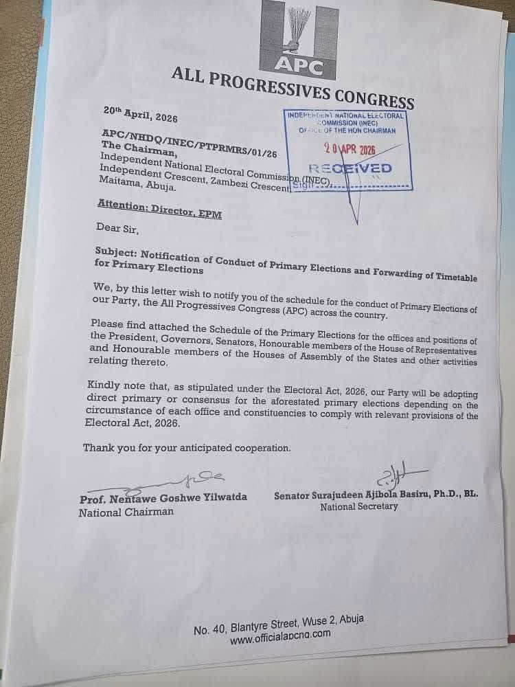 The APC has formally notified INEC of its planned primaries and submitted its timetable, signalling the start of internal preparations for upcoming elections.