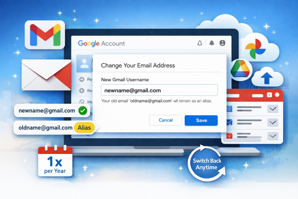 Google Account interface showing Gmail username change option