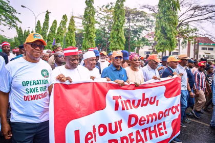 Atiku Abubakar, Peter Obi, David Mark and Rotimi Amaechi during ADC protest at INEC headquarters in Abuja