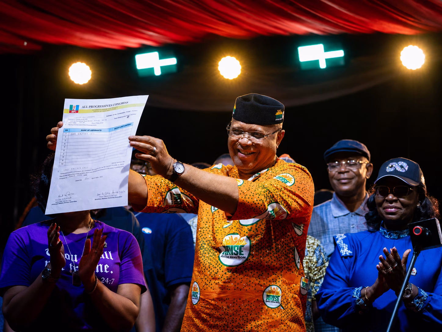 Governor Umo Eno receives certificate of return after winning the Akwa Ibom APC governorship primary.