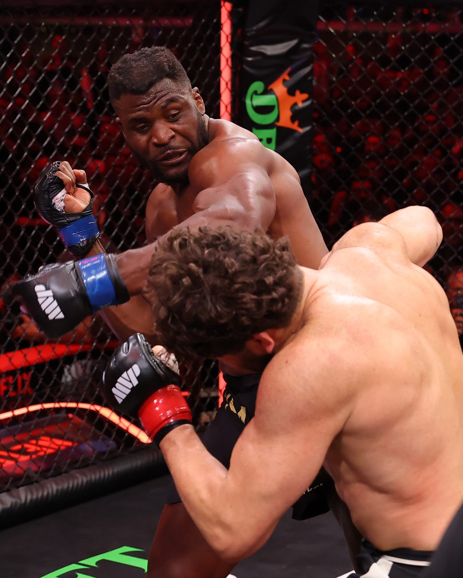Francis Ngannou lands a decisive punch against Philipe Lins during their heavyweight MMA fight at MVP MMA 1.