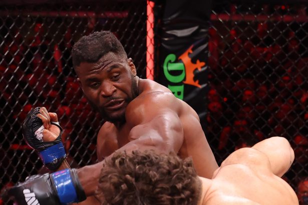 Francis Ngannou lands a decisive punch against Philipe Lins during their heavyweight MMA fight at MVP MMA 1.