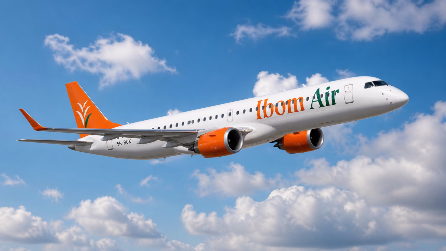 Ibom Air aircraft in flight as Victor Attah International Airport begins international operations from Uyo to Accra.