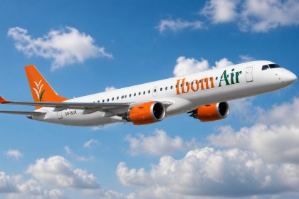 Ibom Air aircraft in flight as Victor Attah International Airport begins international operations from Uyo to Accra.