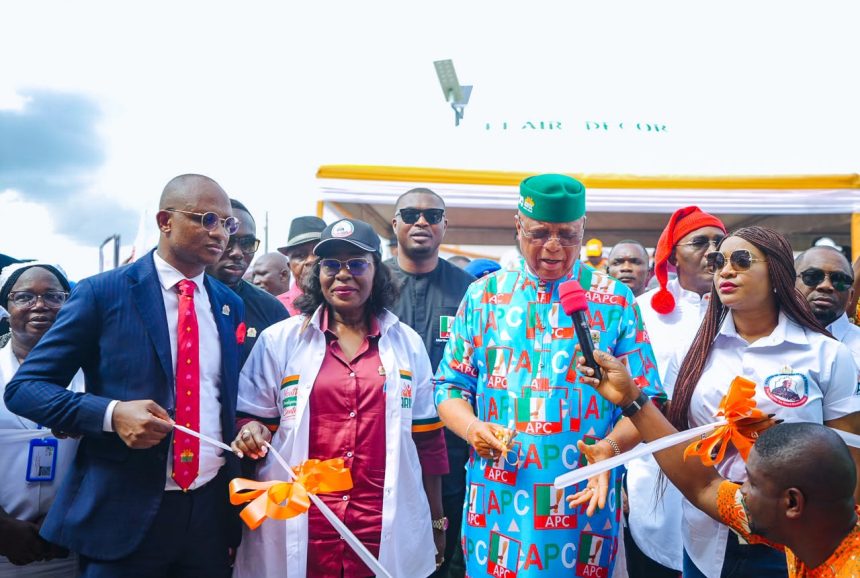 Governor Umo Eno commissioning roads, youth development centre and health centre in Oron Local Government Area of Akwa Ibom State.