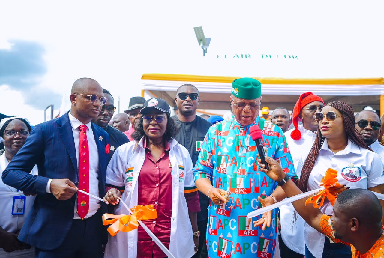 Governor Umo Eno commissioning roads, youth development centre and health centre in Oron Local Government Area of Akwa Ibom State.