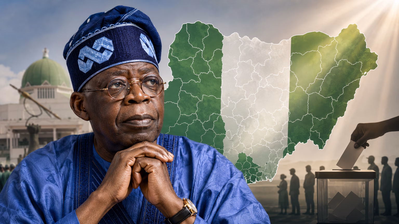 President Bola Tinubu and Nigeria political map representing debate over power, federalism and the 2027 presidential election