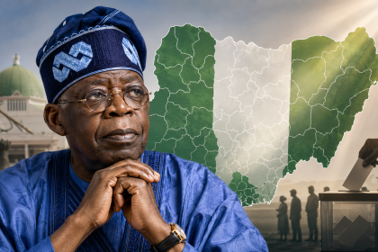 President Bola Tinubu and Nigeria political map representing debate over power, federalism and the 2027 presidential election