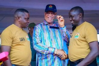 Governor Umo Eno addressing 2,272 Village Youth Presidents during a grassroots security engagement in Akwa Ibom State