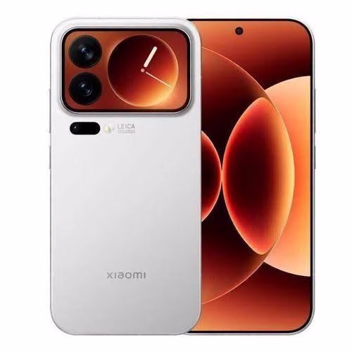 Front and back view of a white Xiaomi smartphone; back features a large circular orange camera module and Leica branding, with a edge-to-edge display on the front.